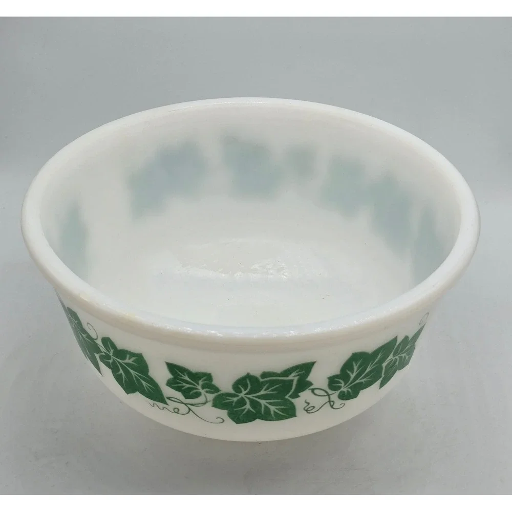 Vintage Hazel Atlas Milk Glass Ivy Leaf Mixing Bowl Green White 8 Inch MCM